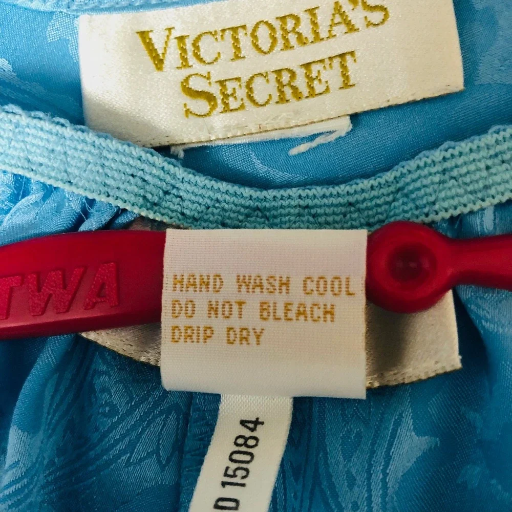 VTG Victorias Secret Cami Tank Set Gold Label Women L Blue Satin Brocade Cut Out